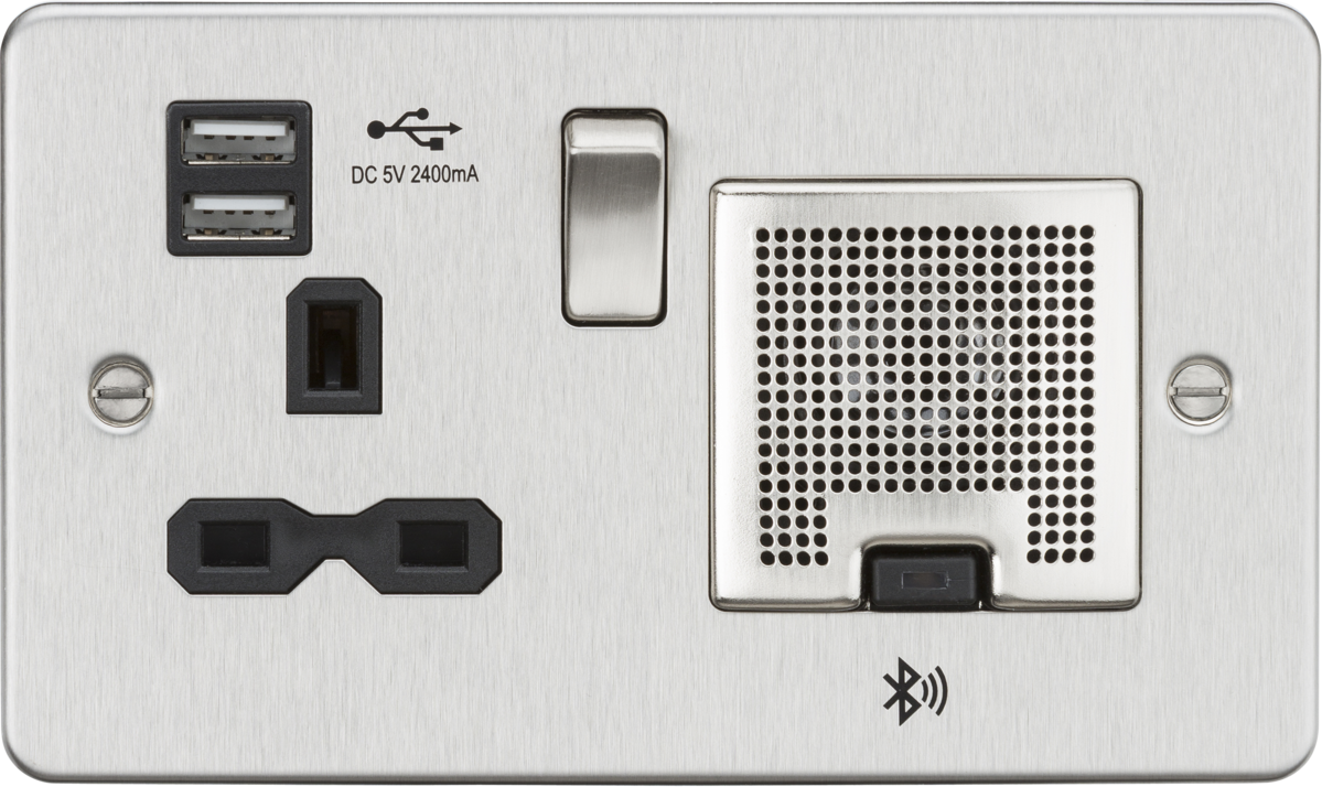 Flat Plate 13A socket, USB chargers (2.4A) and Bluetooth Speaker - Brushed chrome with black insert