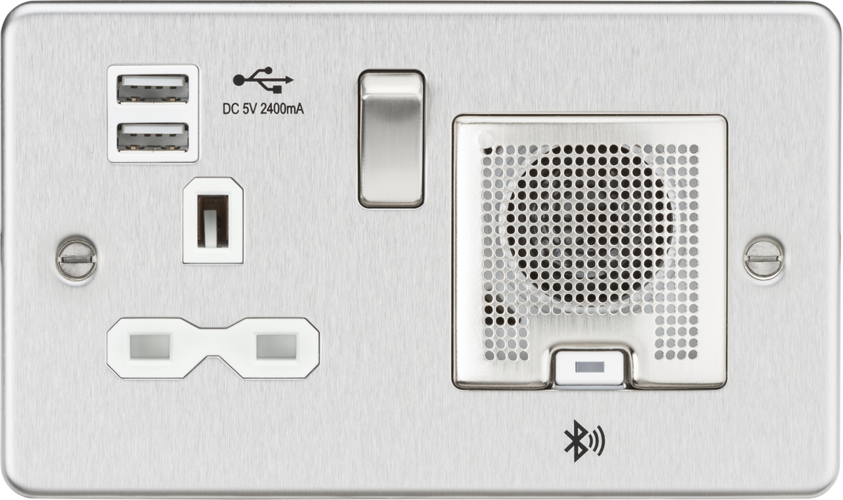 Flat Plate 13A socket, USB chargers (2.4A) and Bluetooth Speaker - Brushed chrome with white insert