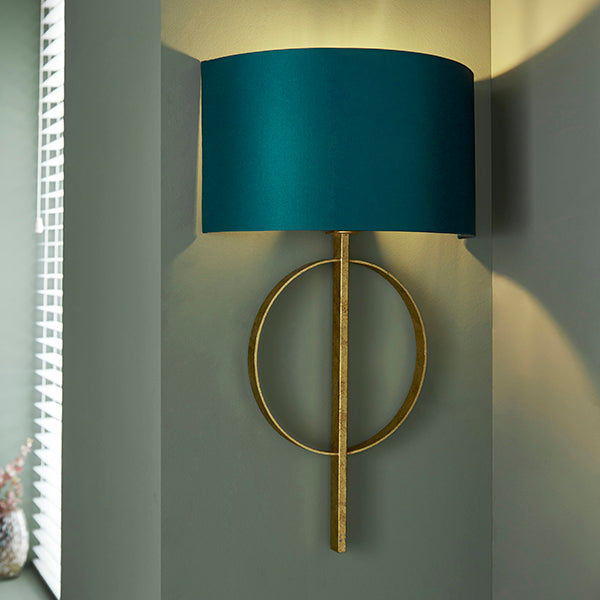 Hoop gold leaf wall light with teal shade