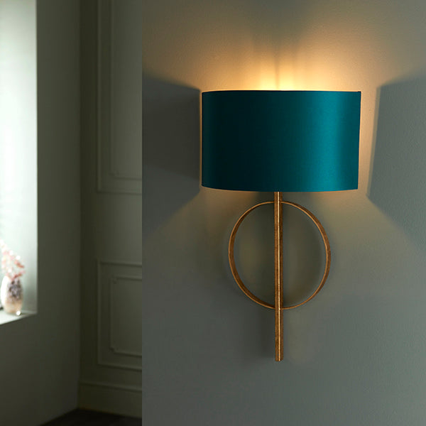 Hoop gold leaf wall light with teal shade