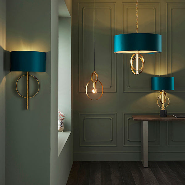 Hoop gold leaf wall light with teal shade