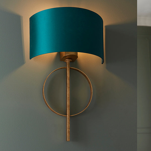 Hoop gold leaf wall light with teal shade