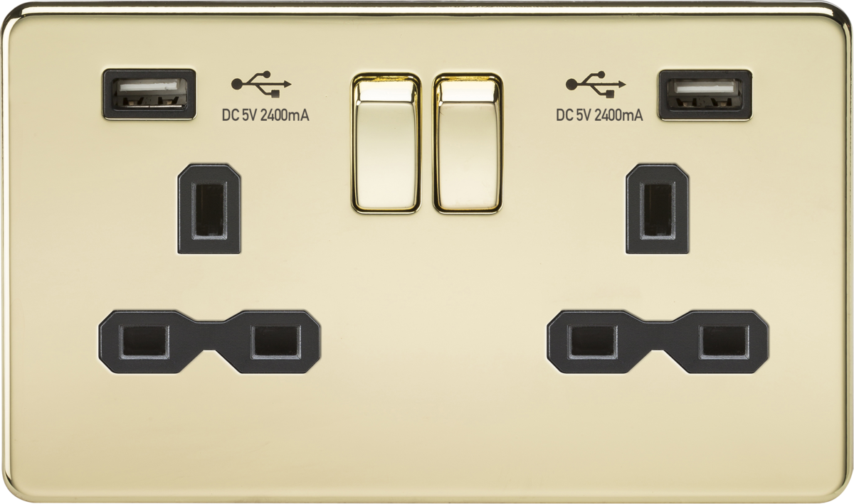 13A 2G switched socket with dual USB charger A + A (2.4A) - Polished brass with black insert