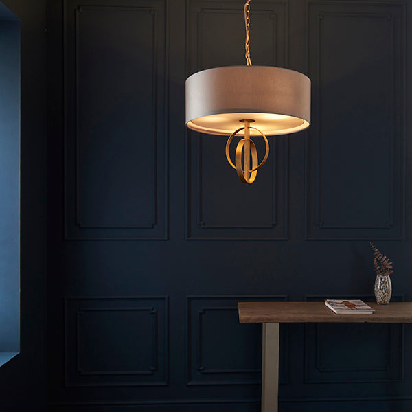 Double hoop gold leaf pendant light with large mink shade