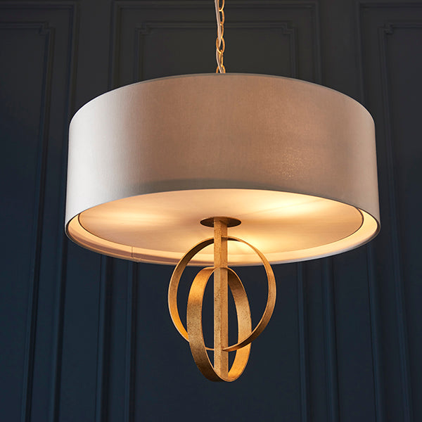 Double hoop gold leaf pendant light with large mink shade