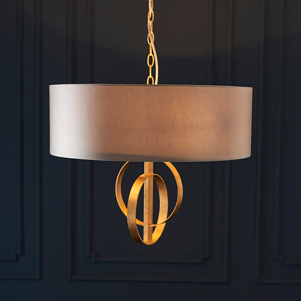 Double hoop gold leaf pendant light with large mink shade