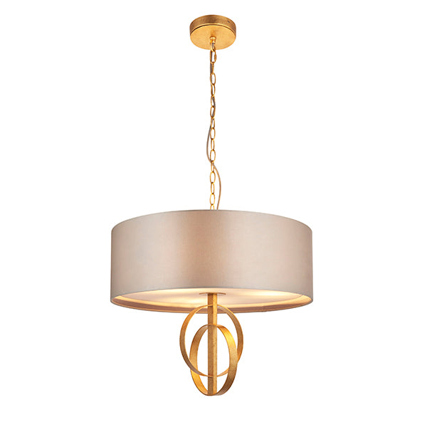 Double hoop gold leaf pendant light with large mink shade