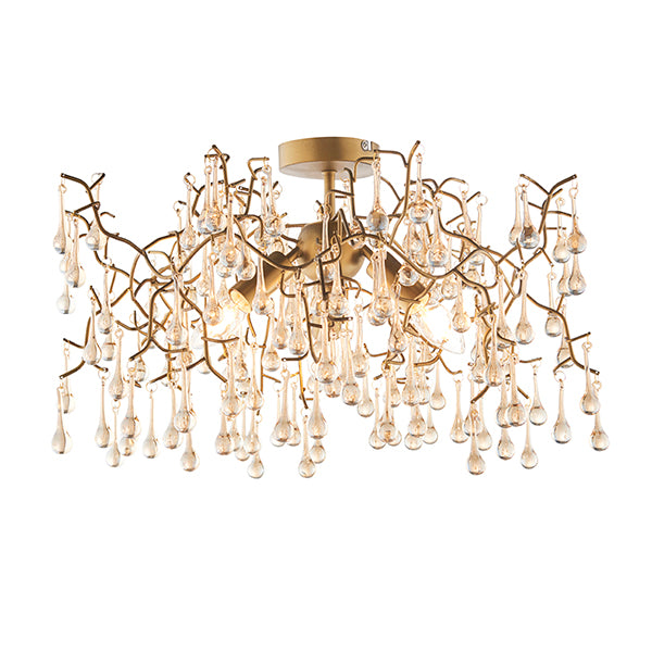 Aged gold branch semi-flush with glass droplets