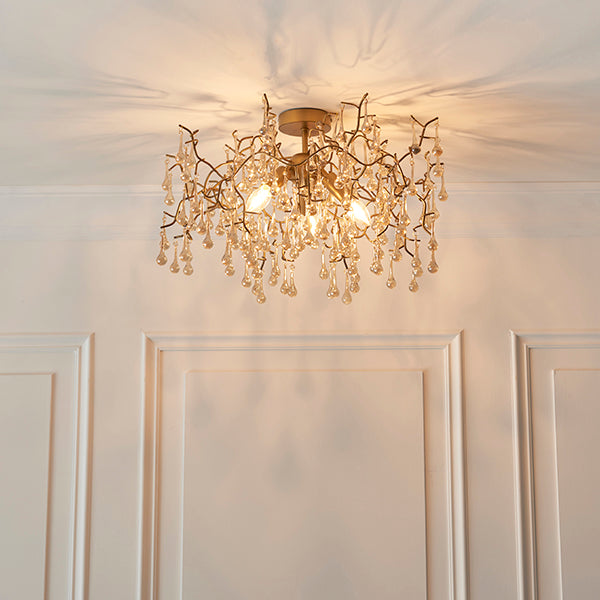 Aged gold branch semi-flush with glass droplets