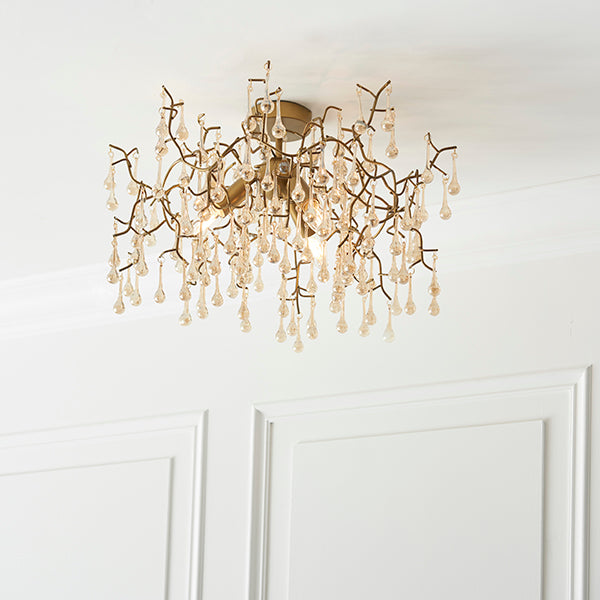 Aged gold branch semi-flush with glass droplets