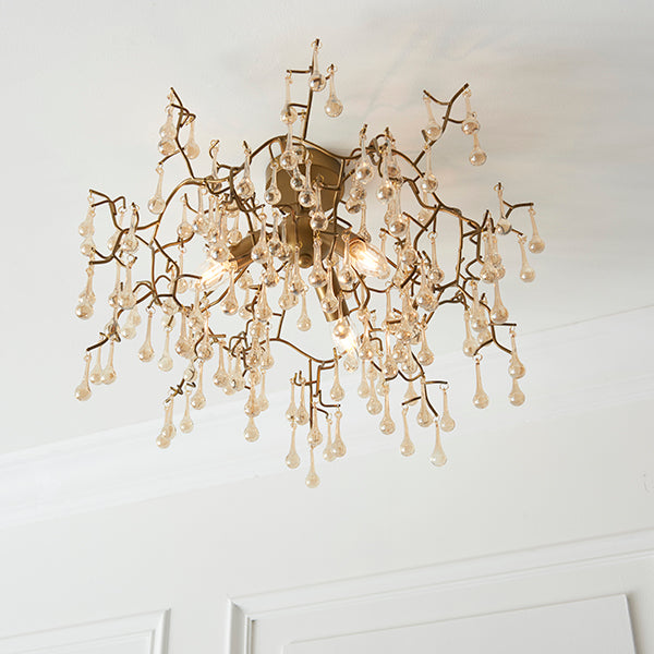 Aged gold branch semi-flush with glass droplets