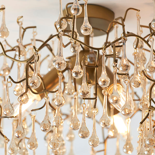 Aged gold branch semi-flush with glass droplets