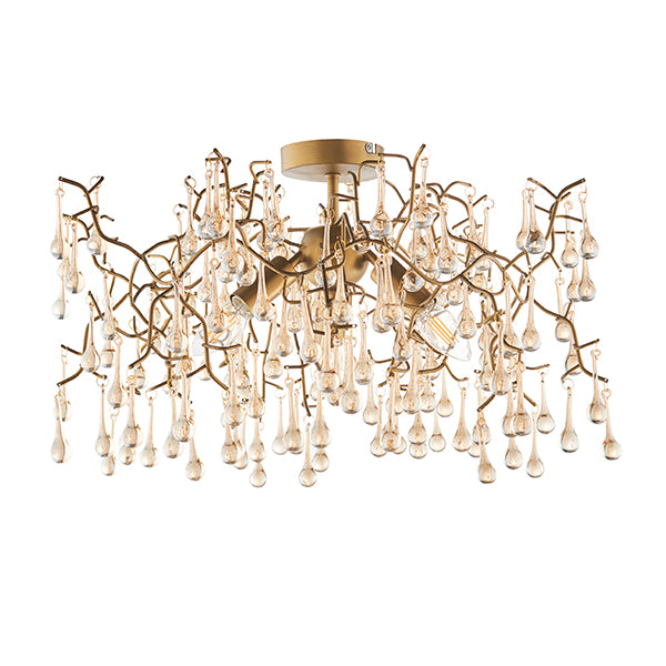 Aged gold branch semi-flush with glass droplets