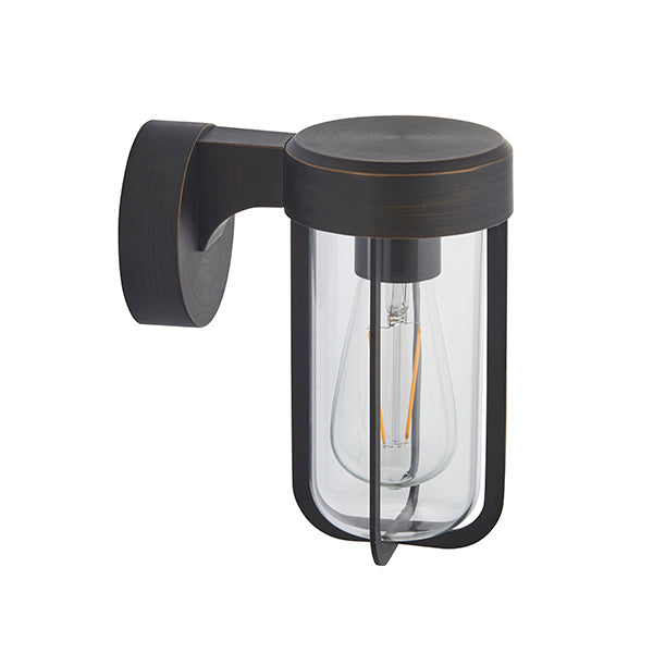Die-cast IP44 brushed bronze & clear glass E27 wall light