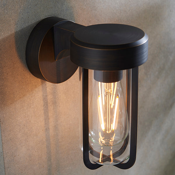 Die-cast IP44 brushed bronze & clear glass E27 wall light