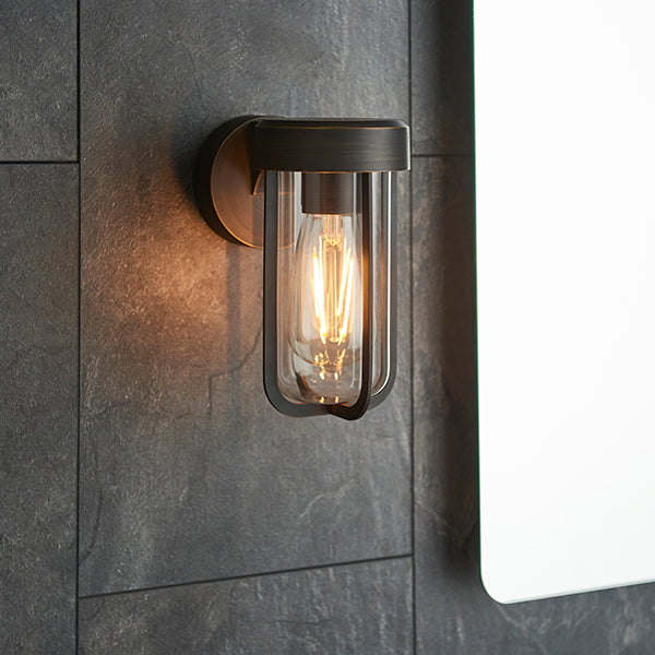 Die-cast IP44 brushed bronze & clear glass E27 wall light