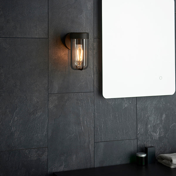 Die-cast IP44 brushed bronze & clear glass E27 wall light