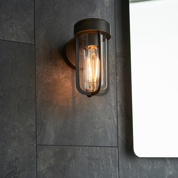 Die-cast IP44 brushed bronze & clear glass E27 wall light