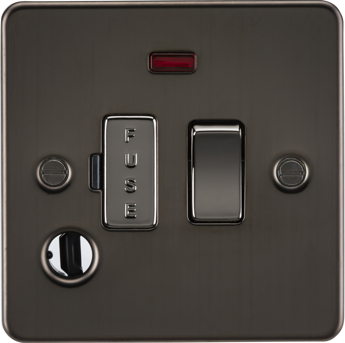 Flat Plate 13A switched fused spur unit with neon and flex outlet - gunmetal