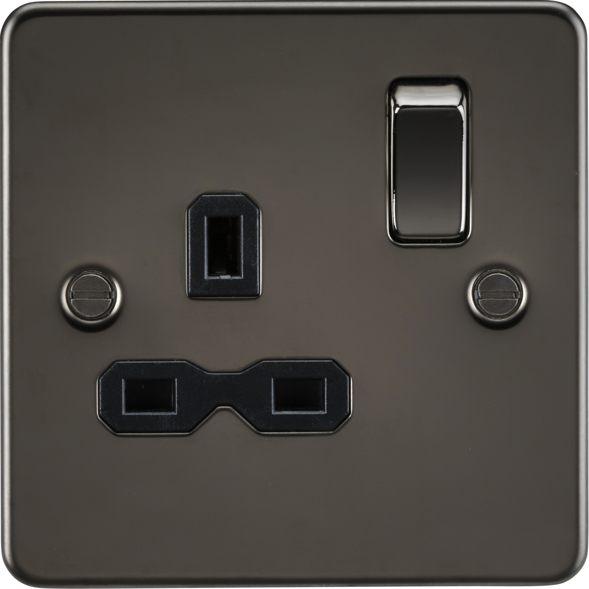 Flat plate 13A 1G DP switched socket - gunmetal with black insert