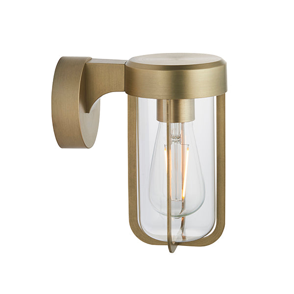 Die-cast IP44 brushed gold & clear glass E27 wall light