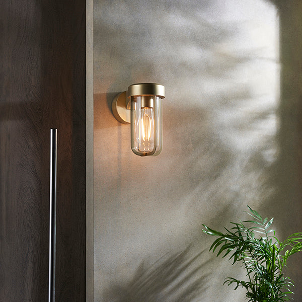 Die-cast IP44 brushed gold & clear glass E27 wall light