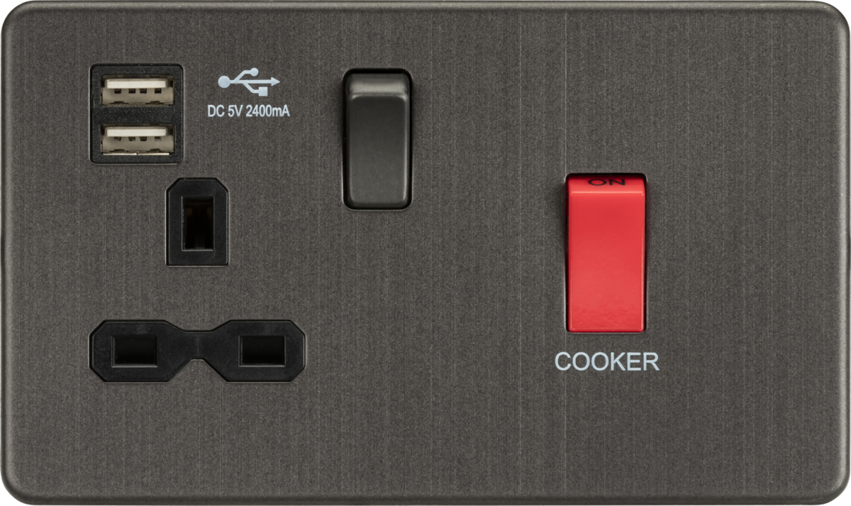 Screwless 45A DP Switch & 13A Switched Socket with Dual USB Charger 2.4A - Smoked Bronze