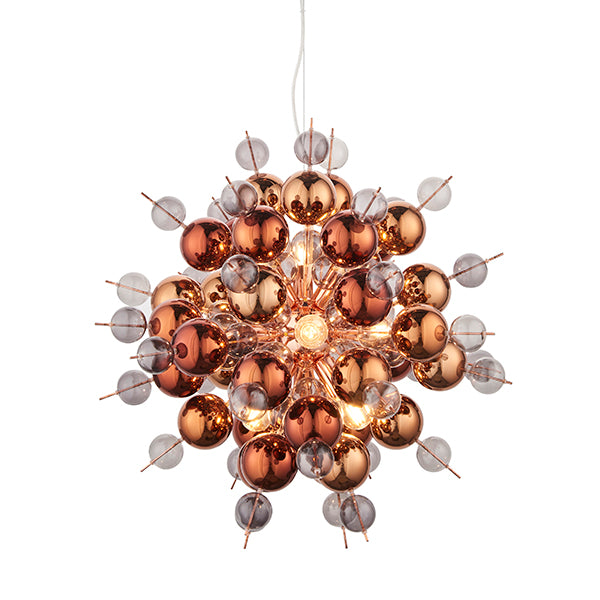 Copper plated pendant with tinted glass spheres