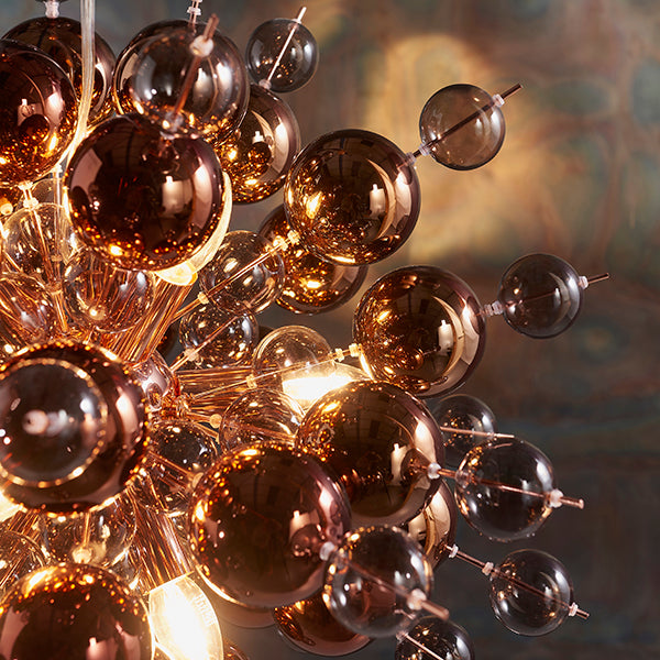 Copper plated pendant with tinted glass spheres