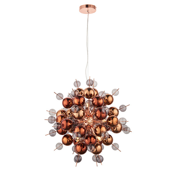 Copper plated pendant with tinted glass spheres