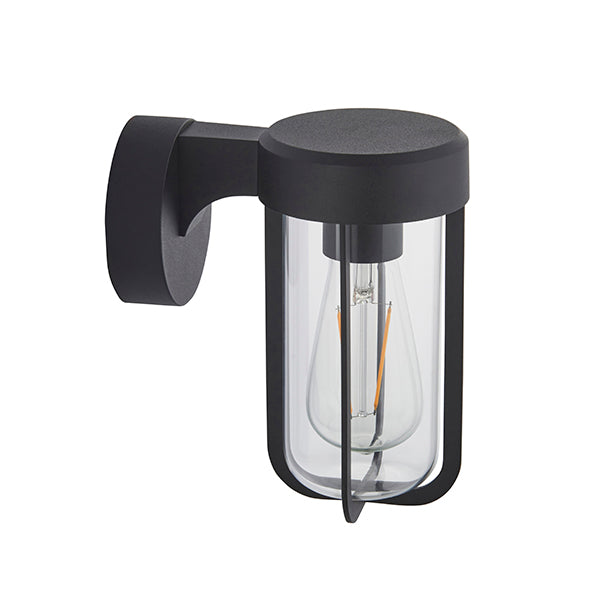 Die-cast IP44 black & clear glass E27 wall light