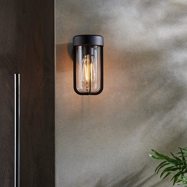 Die-cast IP44 black & clear glass E27 wall light
