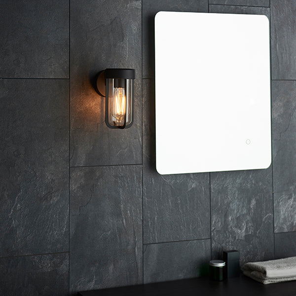 Die-cast IP44 black & clear glass E27 wall light