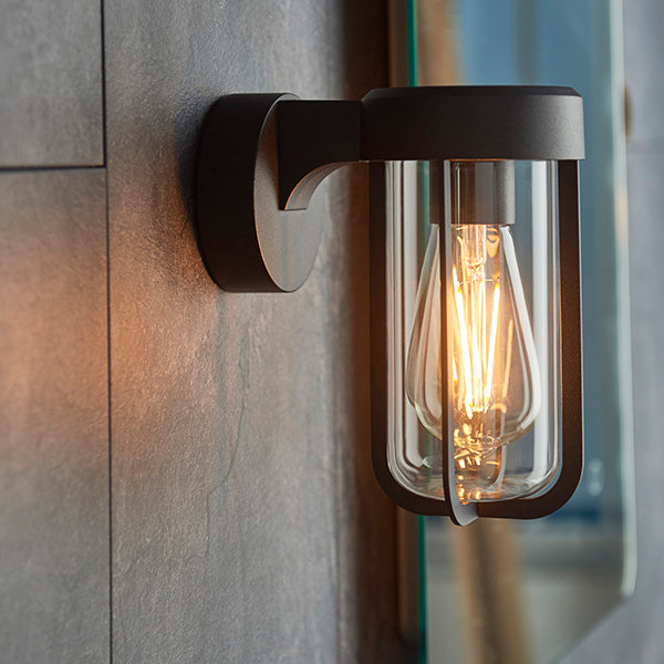 Die-cast IP44 black & clear glass E27 wall light
