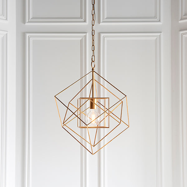 Medium gold leaf angular framed single pendant