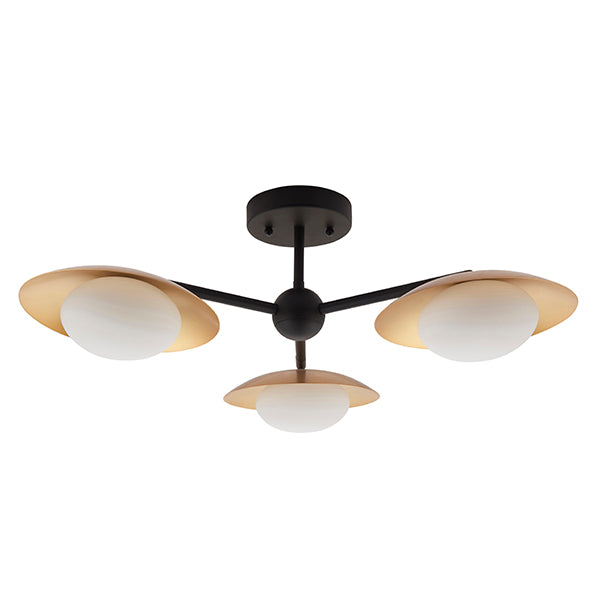 Gold & bronze dish semi-flush with pebble shaped glass