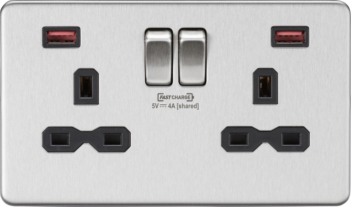 13A 2G DP Switched Socket with Dual USB FASTCHARGE ports (A + A) - Brushed Chrome with black insert