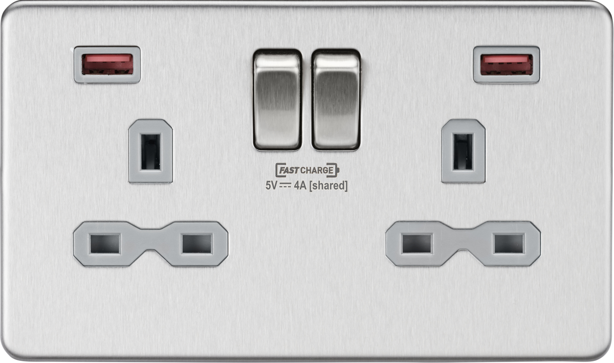 13A 2G DP Switched Socket with Dual USB FASTCHARGE ports (A + A) - Brushed Chrome with grey insert
