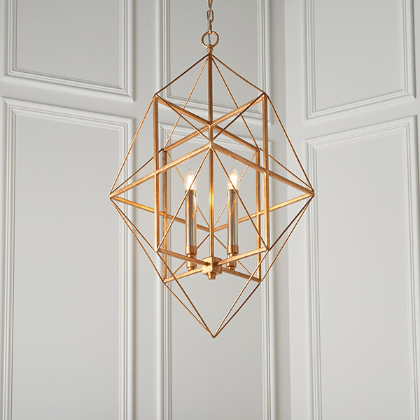 Large gold leaf angular framed multi pendant