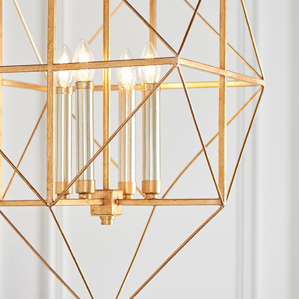 Large gold leaf angular framed multi pendant