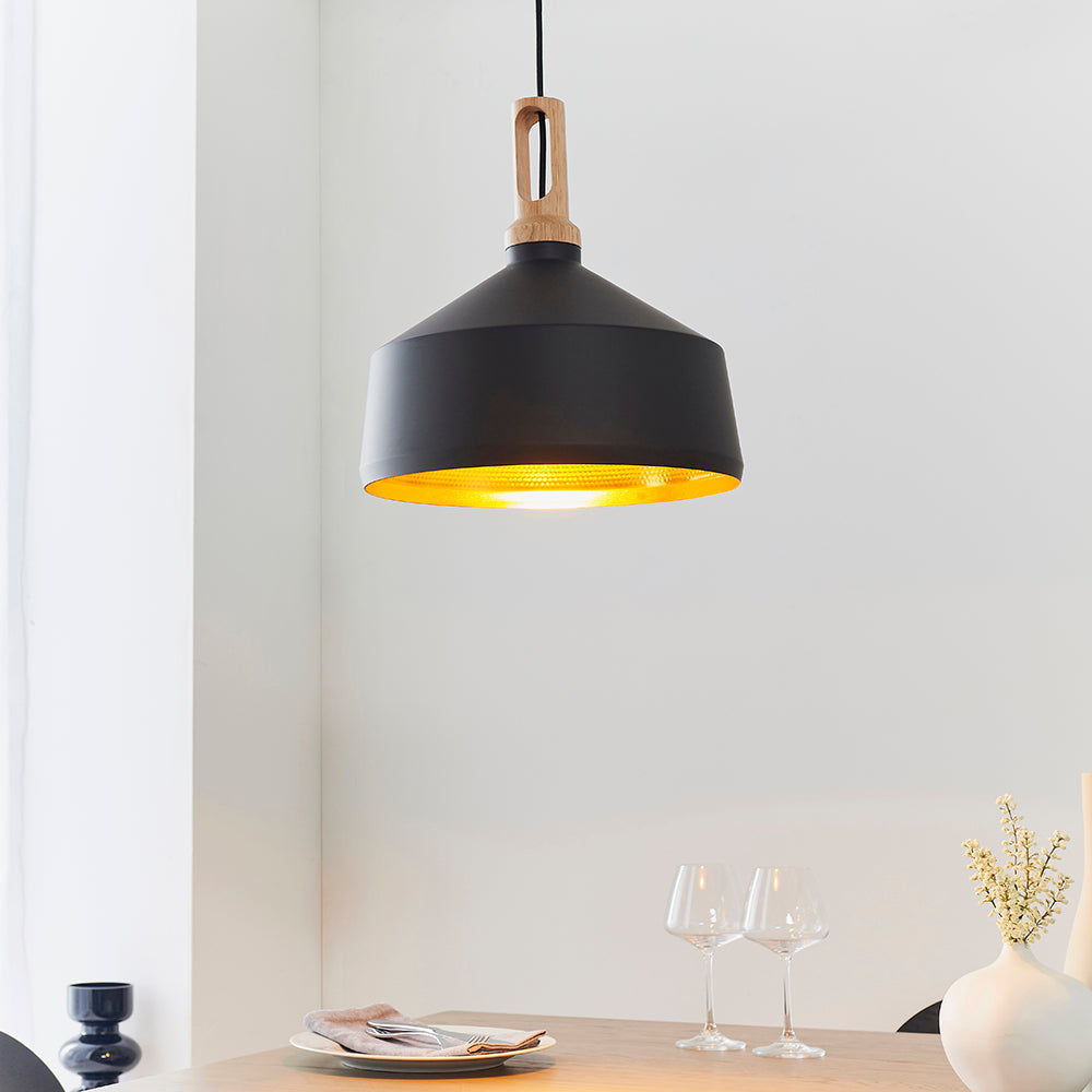 Endon Lighting 61347 Garcia 1Lt Pendant Matt Black & Light Wood