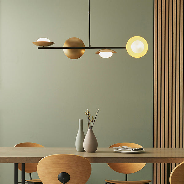 Gold & bronze dish linear pendant with pebble shaped glass