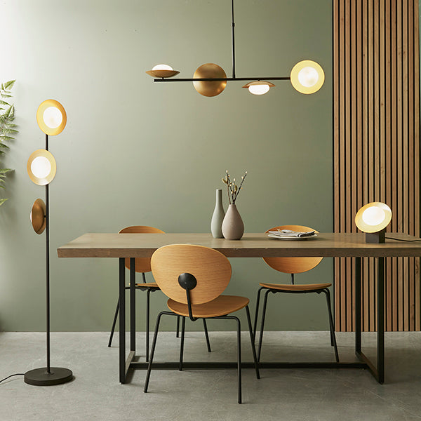 Gold & bronze dish linear pendant with pebble shaped glass
