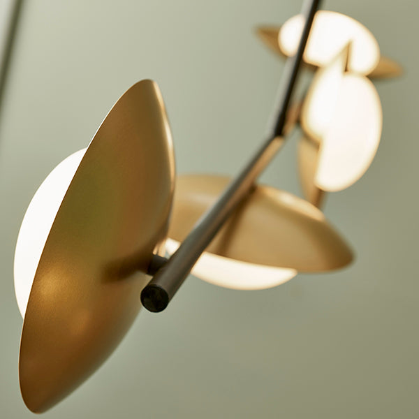 Gold & bronze dish linear pendant with pebble shaped glass