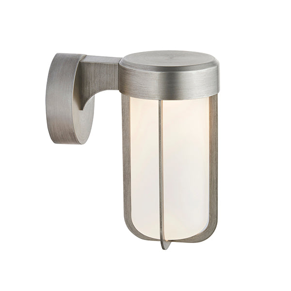 Die-cast IP44 brushed silver & frosted glass LED wall light