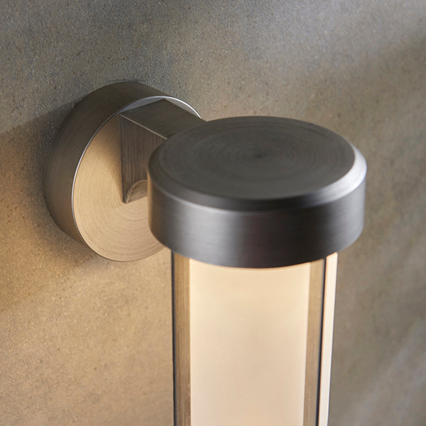 Die-cast IP44 brushed silver & frosted glass LED wall light
