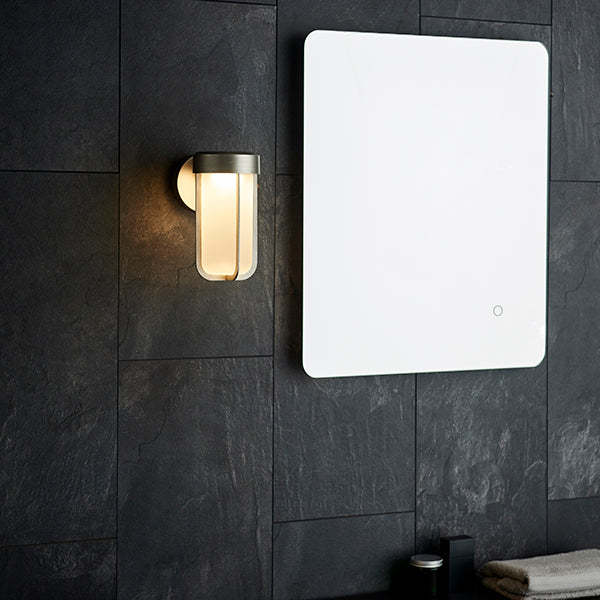 Die-cast IP44 brushed silver & frosted glass LED wall light