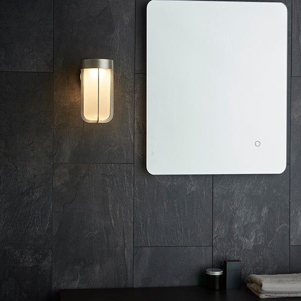 Die-cast IP44 brushed silver & frosted glass LED wall light
