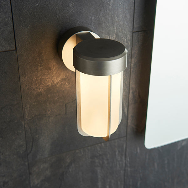 Die-cast IP44 brushed silver & frosted glass LED wall light