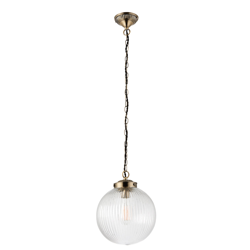 Endon Lighting 71123 Brydon 1Lt Pendant Antique Brass Plate & Clear Ribbed Glass
